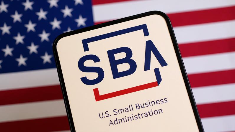United States Small Business Administration logo and U.S. flag are seen in this illustration taken April 23, 2025.