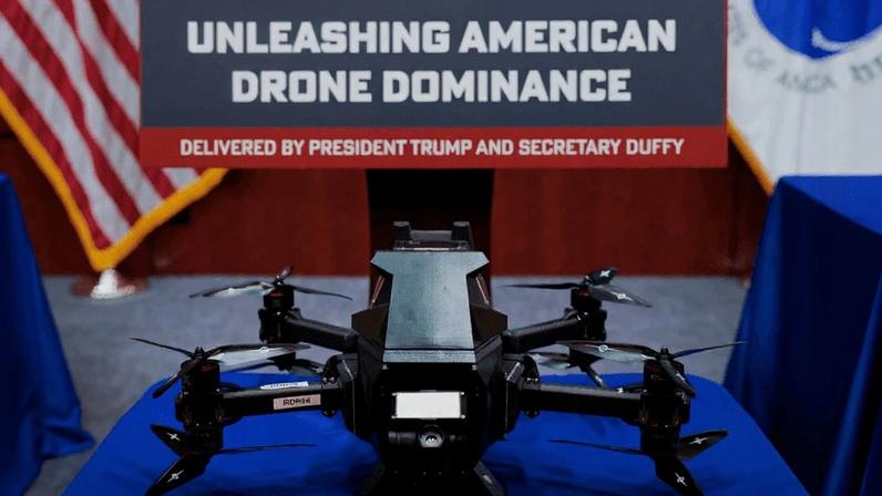American Robotics’ Iron Drone Raider interceptor is displayed at a news conference on drone safety at the Department of Transportation headquarters in Washington, D.C.