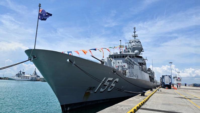 Royal Australian Navy vessel, HMAS Toowoomba, is docked at the Changi Naval Base in Singapore, May 4, 2023.