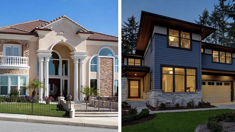 As antigas McMansions (esq.), casas gigantescas, beges e projetadas primordialmente para ostentar status social deram espaço para nova estrutura