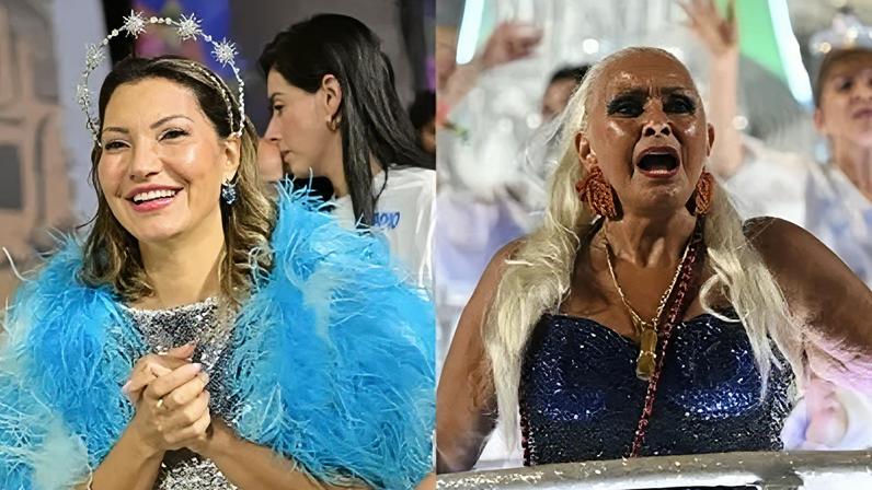 Montagem com as imagens da primeira-dama Janja e Fafá de Belém no 1º dia de desfiles do Carnaval do Rio