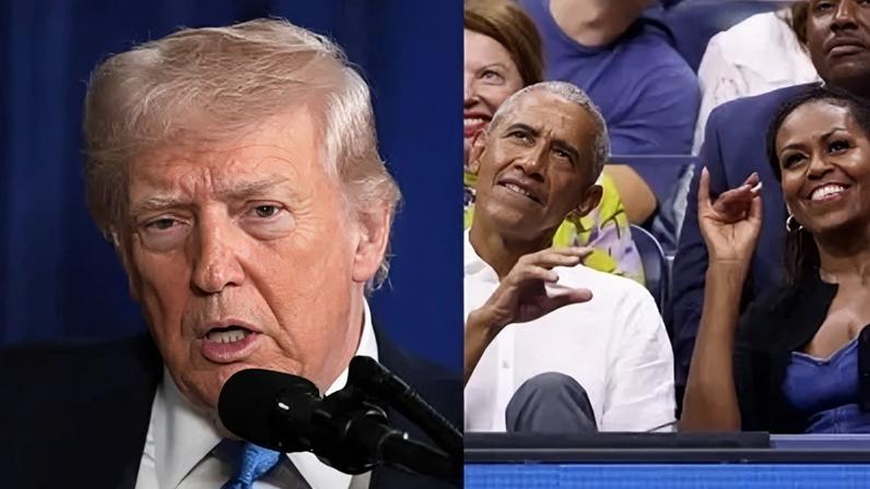 Donald Trump do lado esquerdo e Barack Obama e Michelle Obama do lado direito