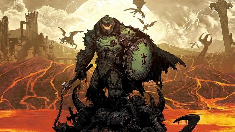 Doom Slayer appears a top a pile of capitalists bones.