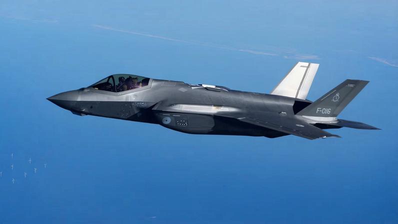 A Dutch F-35 fighter jet is seen after being refuelled by a Multinational MRTT Unit in the air during NATO's Ramstein Flag exercise above Denmark starting from Eindhoven Netherlands, Denmark April 2, 2025.