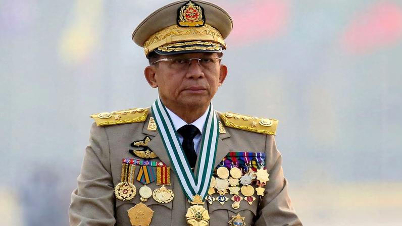Myanmar's junta chief Senior General Min Aung Hlaing, who ousted the elected government in a coup, presides at an army parade on Armed Forces Day in Naypyitaw, Myanmar, March 27, 2021.