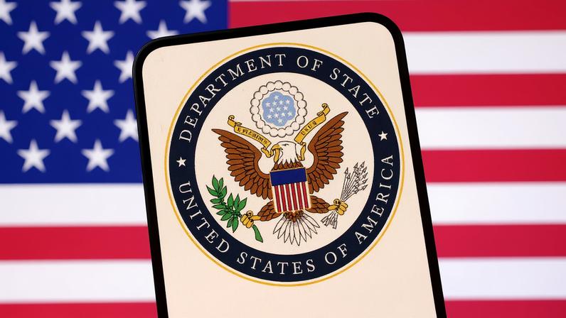 United States Department of State logo and U.S. flag are seen in this illustration taken April 23, 2025.