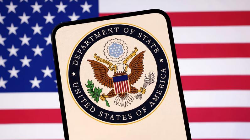 United States Department of State logo and U.S. flag are seen in this illustration taken April 23, 2025.
