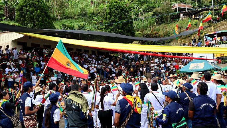 A festival held in the Portachuelo Indigenous community, one of 32 communities that form part of the Indigenous Resguardo of Colonial Origin Cañamomo Lomaprieta (RCMLP) in Caldas, Colombia. Image courtesy of the Indigenous organization of Cañamomo Lomaprieta.
