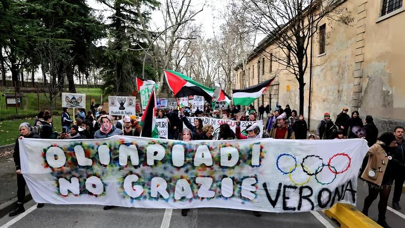 Demonstration under the slogan "Olympics - No Thanks" on the day of the Winter Olympics closing ceremony, in Verona