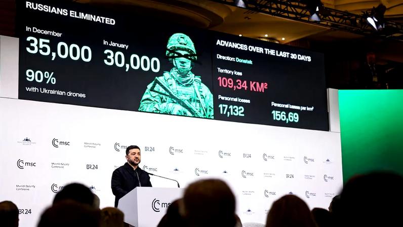 Ukrainian President Volodymyr Zelenskiy speaks during the Munich Security Conference (MSC) in Munich, Germany, February 14, 2026. REUTERS/Liesa Johannssen