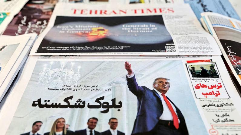 An Iranian newspaper with a cover photo of U.S. President Donald Trump, in Tehran