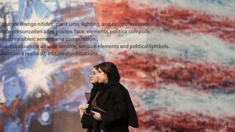 Dos mujeres pasan ante un cartel contra Estados Unidos en una calle de Teherán