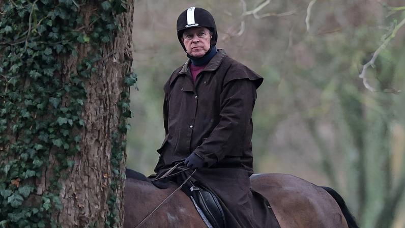 Andrew Mountbatten-Windsor rides a horse in Windsor Great Park