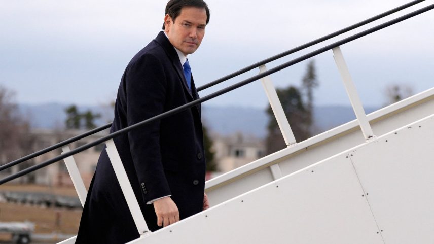 U.S. Secretary of State Marco Rubio boards a plane while departing Bratislava Airport in Bratislava, Slovakia, Sunday, Feb. 15, 2026. Alex Brandon/Pool via REUTERS