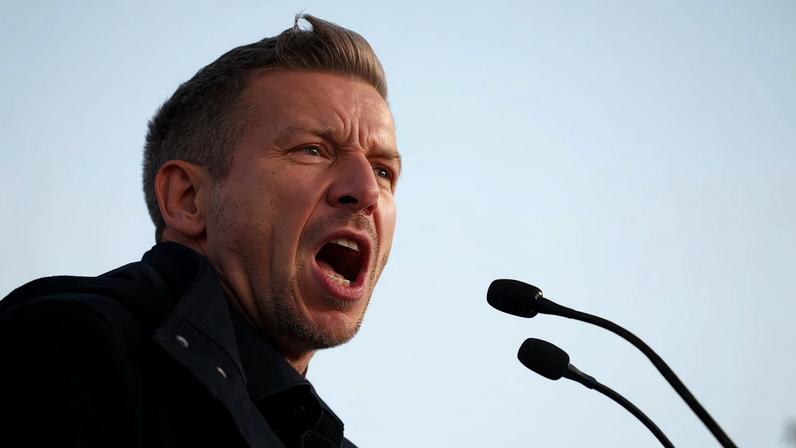 Peter Magyar, leader of the opposition TISZA party delivers a speech during his election campaign tour in Balassagyarmat, Hungary, February 25, 2026. REUTERS/Bernadett Szabo