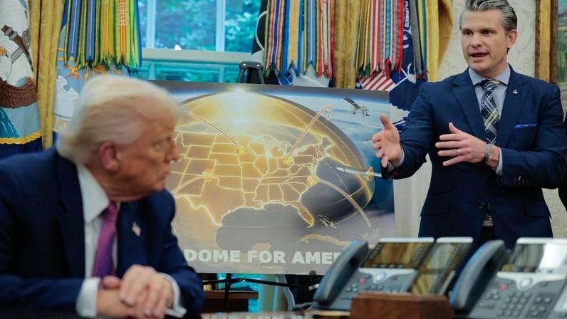 U.S. Defense Secretary Pete Hegseth (right) talks about Golden Dome with U.S. President Donald Trump at the White House in Washington on May 20, 2025.