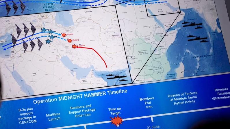 A timeline of the U.S. Operation Midnight Hammer is displayed.