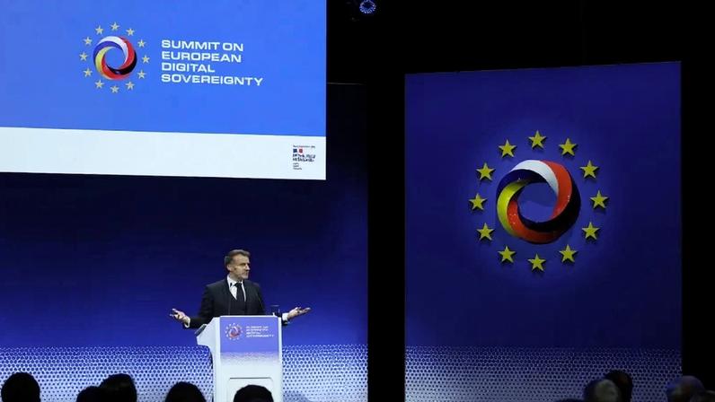 French President Emmanuel Macron speaks at the European Digital Sovereignty Summit on November 18, 2025 in Berlin.
