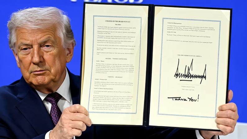 U.S. President Donald Trump holds the charter for the Board of Peace at the World Economic Forum in Davos, Switzerland, on Jan. 22.