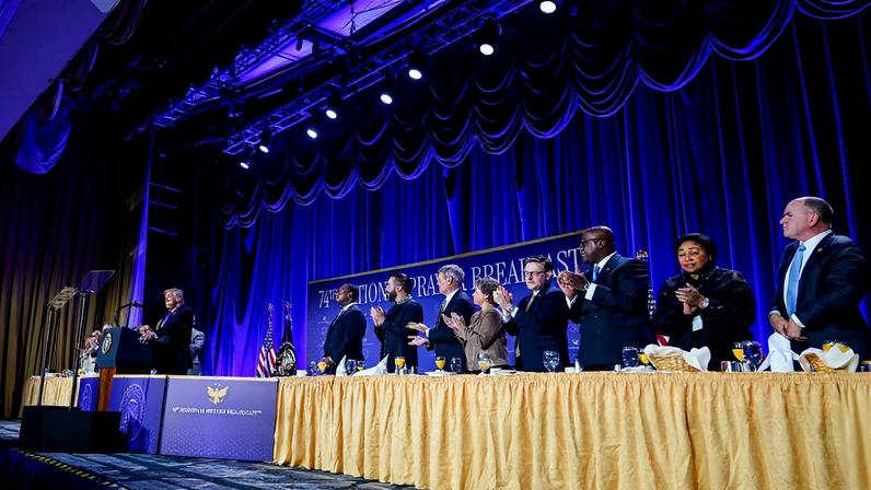 U.S. President Donald Trump receives a standing ovation as he speaks during the National Prayer Breakfast in Washington, D.C., U.S., February 5, 2026. REUTERS/Al Drago
