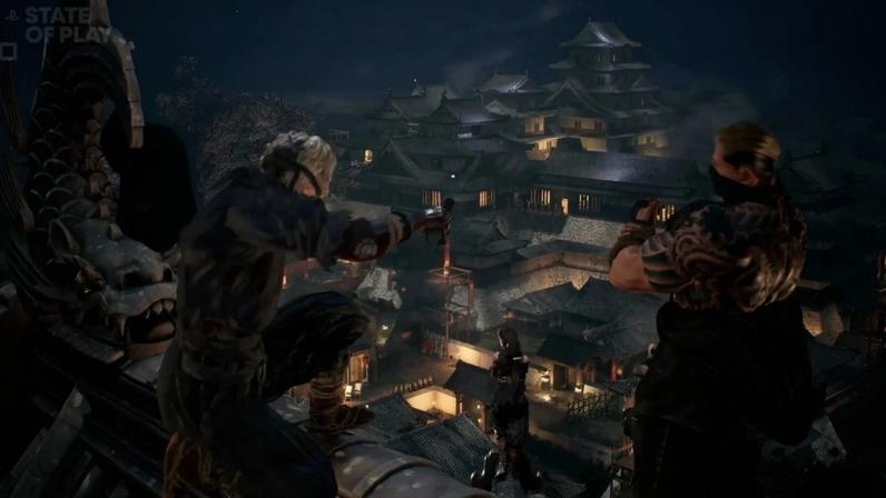 Screenshot from Yakoh Shinobi Ops featuring a shot of the four player characters sitting on the roof of a Japanese style compound at night.