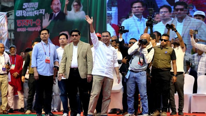 Bangladesh Nationalist Party (BNP) chairman Tarique Rahman waves to supporters during the final day of election campaign rally, ahead of the national election, in Jatrabari, Dhaka