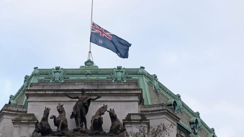 The Australian national flag flies at half-mast, following the Bondi Beach attack in Sydney, Australia, at the Australian High Commission, in London