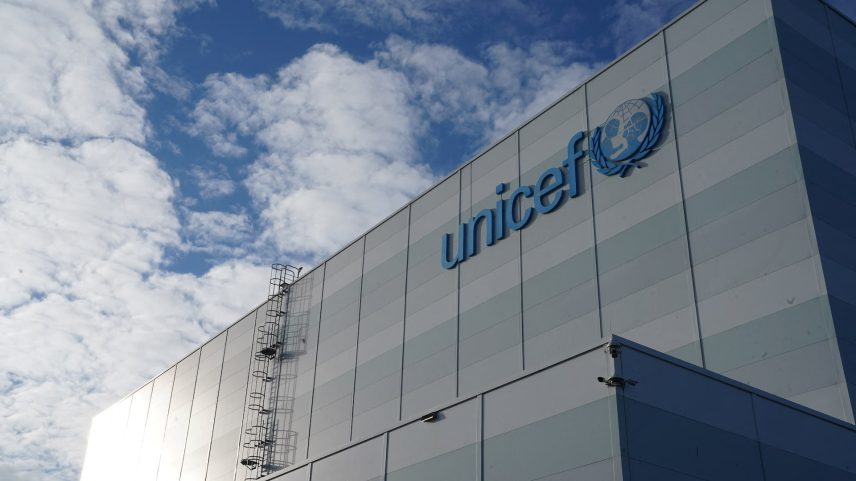 A view shows the logo on the exterior of UNICEF's humanitarian warehouse in Copenhagen, Denmark, November 15, 2023. REUTERS/Tom Little