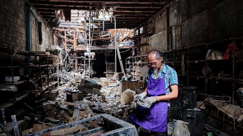 Khun Orwae sorts through the remaining stock in the electrical goods shop where he works. Most of the stock was ruined after being inundated in up to 4 m (13 ft) of water. An electrical short circuit then caused a fire that destroyed much of the upper floors of the building. Image by Richard Friend for Mongabay.