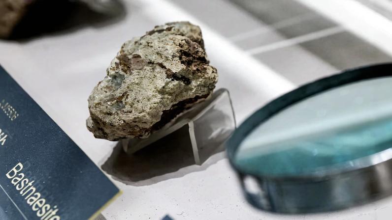 A sample of bastnaesite ore, a mineral used in the rare earth industry to extract elements such as cerium, lanthanum, and neodymium, is displayed at the Geological Museum of China in Beijing, China, October 14, 2025.