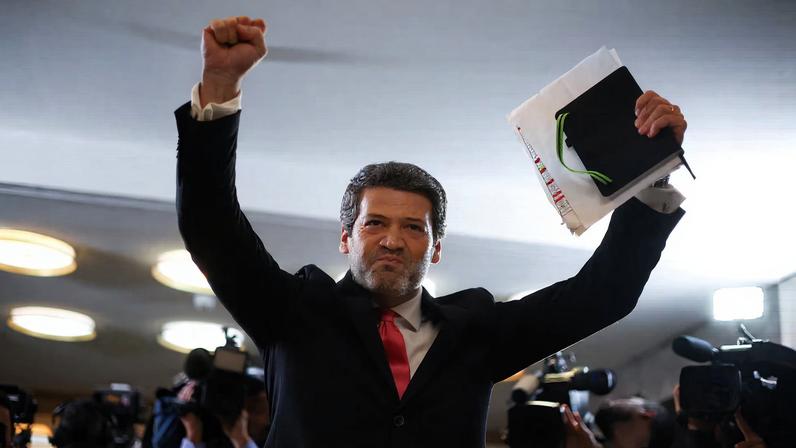 Far-right leader Andre Ventura greets supporters before a debate with Moderate Socialist Antonio Jose Seguro ahead of the presidential runoff on February 8, in Lisbon, Portugal, January 27, 2026.