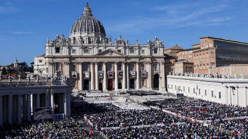 A general view of St. Peter's Square on the day of the canonisation of seven new saints, including former Satanist-turned-Catholic Bartolo Longo, during a Mass at the Vatican, October 19, 2025.