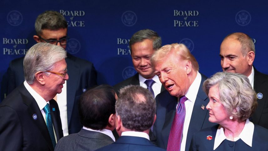U.S President Donald Trump talks with world leaders participating in the inaugural Board of Peace meeting at the U.S. Institute of Peace in Washington, D.C., U.S., February 19, 2026.