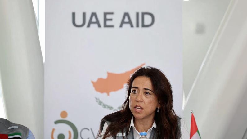 UAE's Minister of State Lana Nusseibeh speaks to the media at Limassol port, Cyprus, where aid is accumulating for the people of Gaza, November 7, 2025. REUTERS/Yiannis Kourtoglou