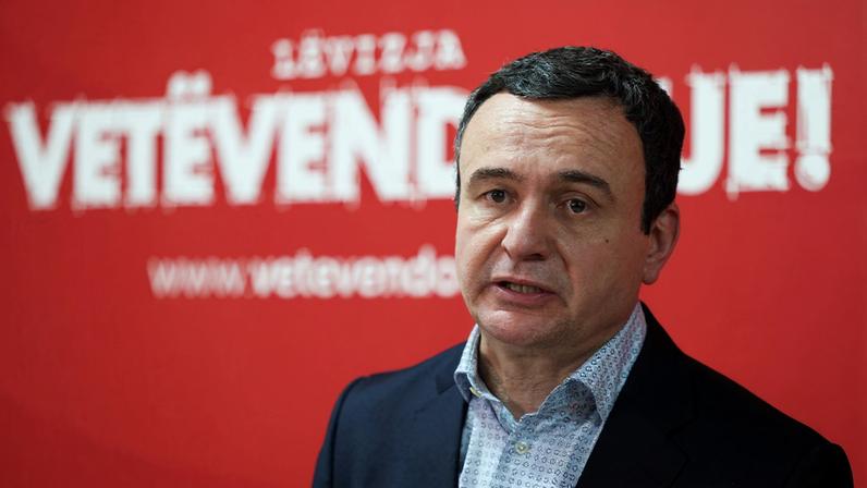 Kosovo's Prime Minister and Levizja Vetevendosje (Movement for Self-Determination) party leader Albin Kurti speaks during a press conference at the party's headquarters in Pristina, Kosovo, December 28, 2025.
