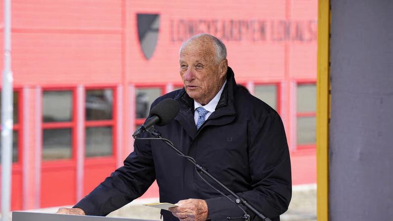 Norway's King Harald addresses a gathering in Longyearbyen, Spitsbergen Island, Svalbard archipelago, Norway, June 16, 2025. NTB/Cornelius Poppe/via REUTERS