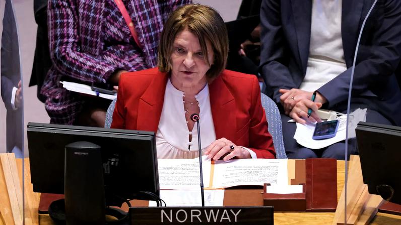 Norway's Ambassador to the United Nations Mona Juul addresses the United Nations Security Council during a meeting, amid Russia's invasion of Ukraine, at the United Nations Headquarters in Manhattan, New York City, New York, U.S., April 5, 2022. REUTERS/Andrew Kelly/File Photo
