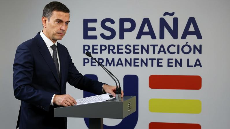 Spanish Prime Minister Pedro Sanchez speaks during a press conference in Brussels, Belgium January 23, 2026. REUTERS/Yves Herman