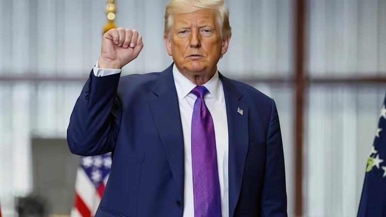 El presidente de Estados Unidos, Donald Trump, levanta el puño al final de un evento durante una visita a Coosa Steel Corporation, en Rome, Georgia, el 19 de febrero de 2026.