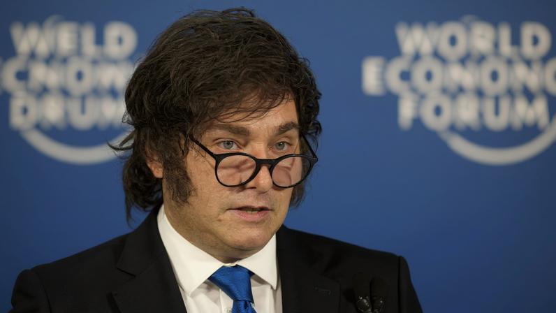 Argentina's President Javier Milei speaks during the 56th annual World Economic Forum (WEF) meeting in Davos, Switzerland, January 21, 2026. REUTERS/Denis Balibouse
