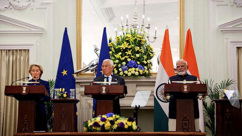 Indian Prime Minister Narendra Modi, European Council President Antonio Costa and European Commission President Ursula von der Leyen hold a joint press statement at the Hyderabad House in New Delhi, India, January 27, 2026. REUTERS/Altaf Hussain