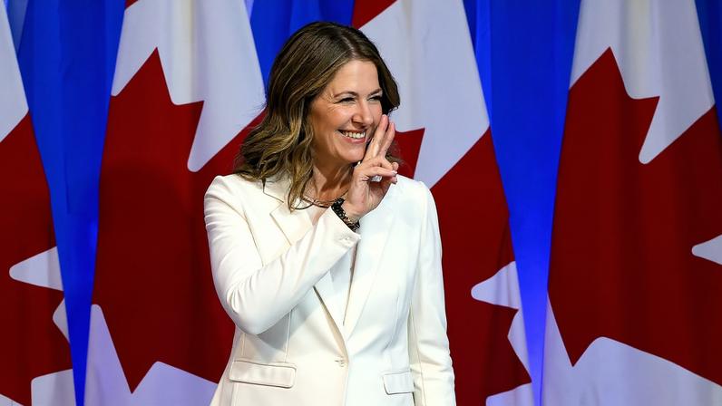 Alberta’s Premier Danielle Smith gestures on the final day of the national convention for Canada's official opposition Conservative Party, in the wake of its April 2025 election loss, the day...