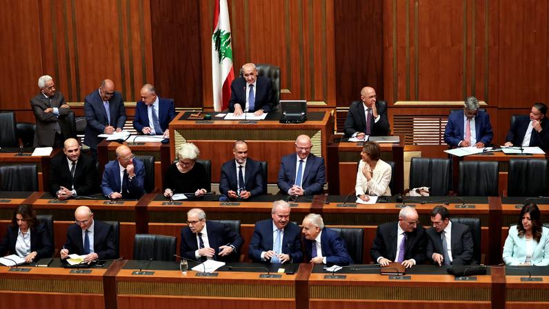 Lebanese Parliament Speaker Nabih Berri and members of the Lebanese government attend a parliament session in Beirut, Lebanon July 15, 2025. REUTERS/Emilie Madi