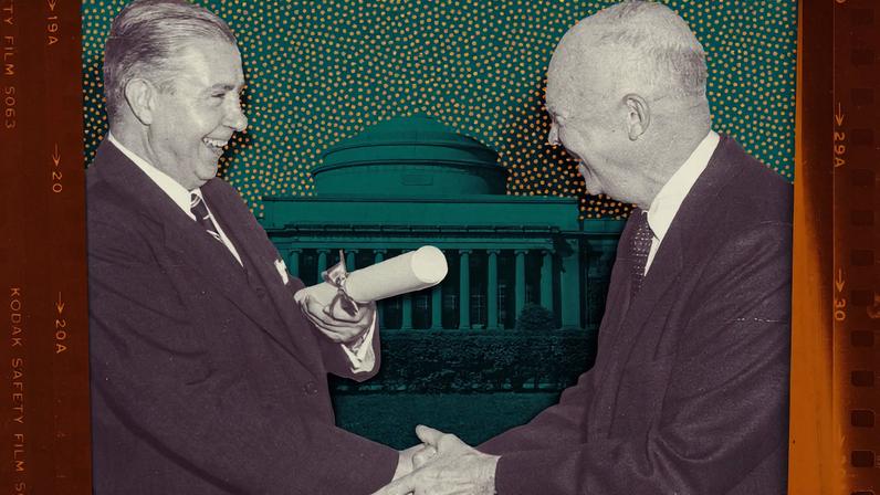 MIT’s 10th president, James Killian, shakes hands with U.S. President Dwight Eisenhower, circa 1956.