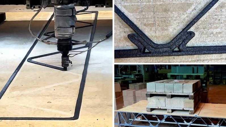 On left, the MIT HAUS large format 3D printer system deposits the first layer of a polymer composite 3D printed floor truss. A closeup of a notched joint is seen on right, and the assembled floor system undergoing a bending test with a ~2,000lb concrete block load in the center.