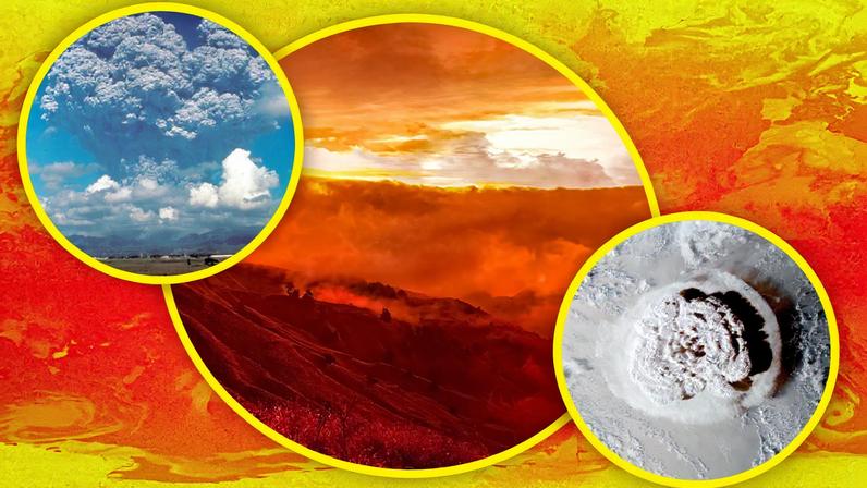 Researchers detected statistically significant changes in global atmospheric temperatures in response to three major natural events: the eruption of Mount Pinatubo in 1991 (inset on left), the Australian wildfires in 2019-2020 (center), and the eruption of the underwater volcano Hunga Tonga in the South Pacific in 2022 (bottom right).