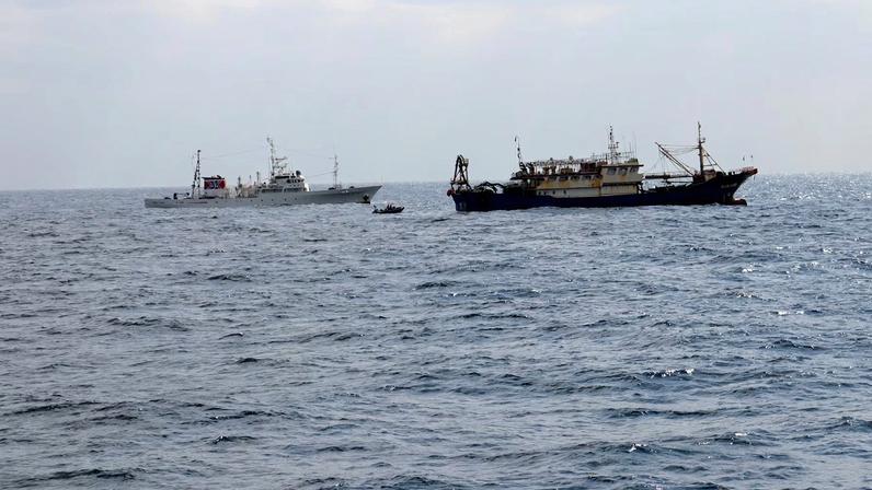Japan's Fisheries Agency patrol vessel "Hakuo Maru" and Chinese fishing vessel "Qiong Dong Yu 11998" in waters off southwest Nagasaki Prefecture, Japan, February 12, 2026, in this handout photo provided by the Fisheries Agency of Japan.