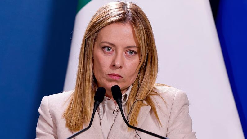 Italian Prime Minister Giorgia Meloni attends a joint statement with German Chancellor Friedrich Merz (not pictured) at the end of Italian-German government consultations at Villa Doria Pamphili in Rome, Italy, January 23, 2026.