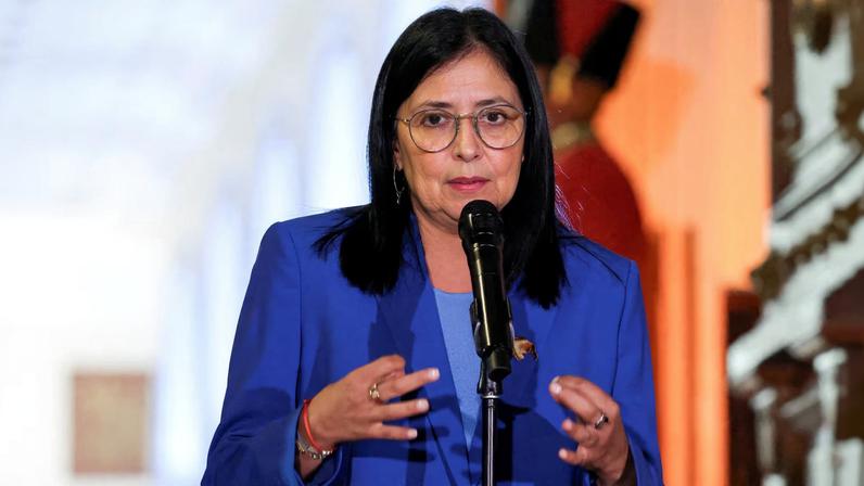 Venezuela's interim President Delcy Rodriguez speaks after receiving the text of the amnesty law meant to grant immediate clemency to individuals jailed for participating in political protests following its approval, at Miraflores Palace, in Caracas, Venezuela, February 19, 2026. REUTERS/Leonardo Fernandez Viloria