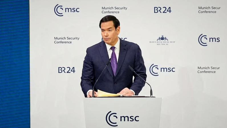 U.S. Secretary of State Marco Rubio speaks at the Munich Security Conference in Munich, Germany, Saturday, Feb. 14, 2026. Alex Brandon/Pool via REUTERS